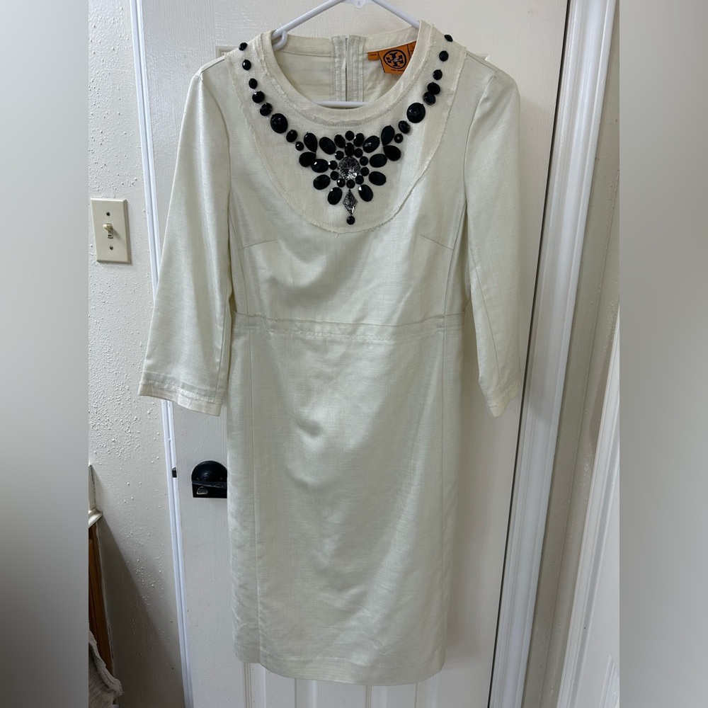 Tory Burch Cream Sheath Dress with Embellished Crew Neck